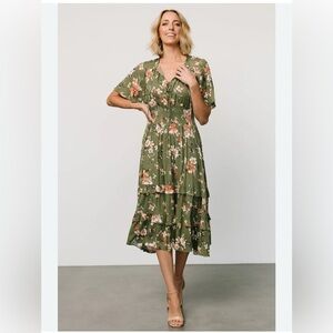 Baltic Born Olive Green Floral Tiered Midi Dress